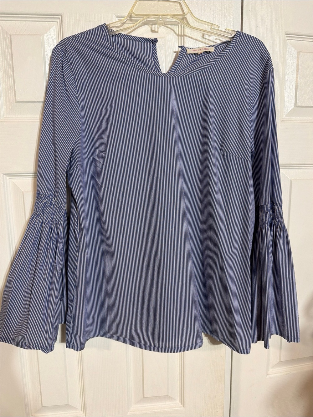 Solitaire Blue and White Pinstripe Bell-Sleeve Blouse